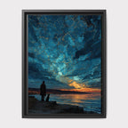 Man and Dog Silhouette Art Print, Starry Ocean Sunset Sky Celestial Painting