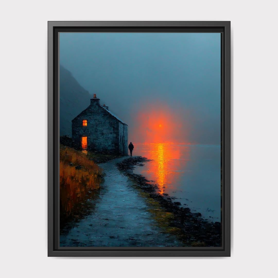Moody Coastal Cottage Wall Art Print, Misty Loch Sunset Painting, Scottish Highlands Landscape Decor Main image