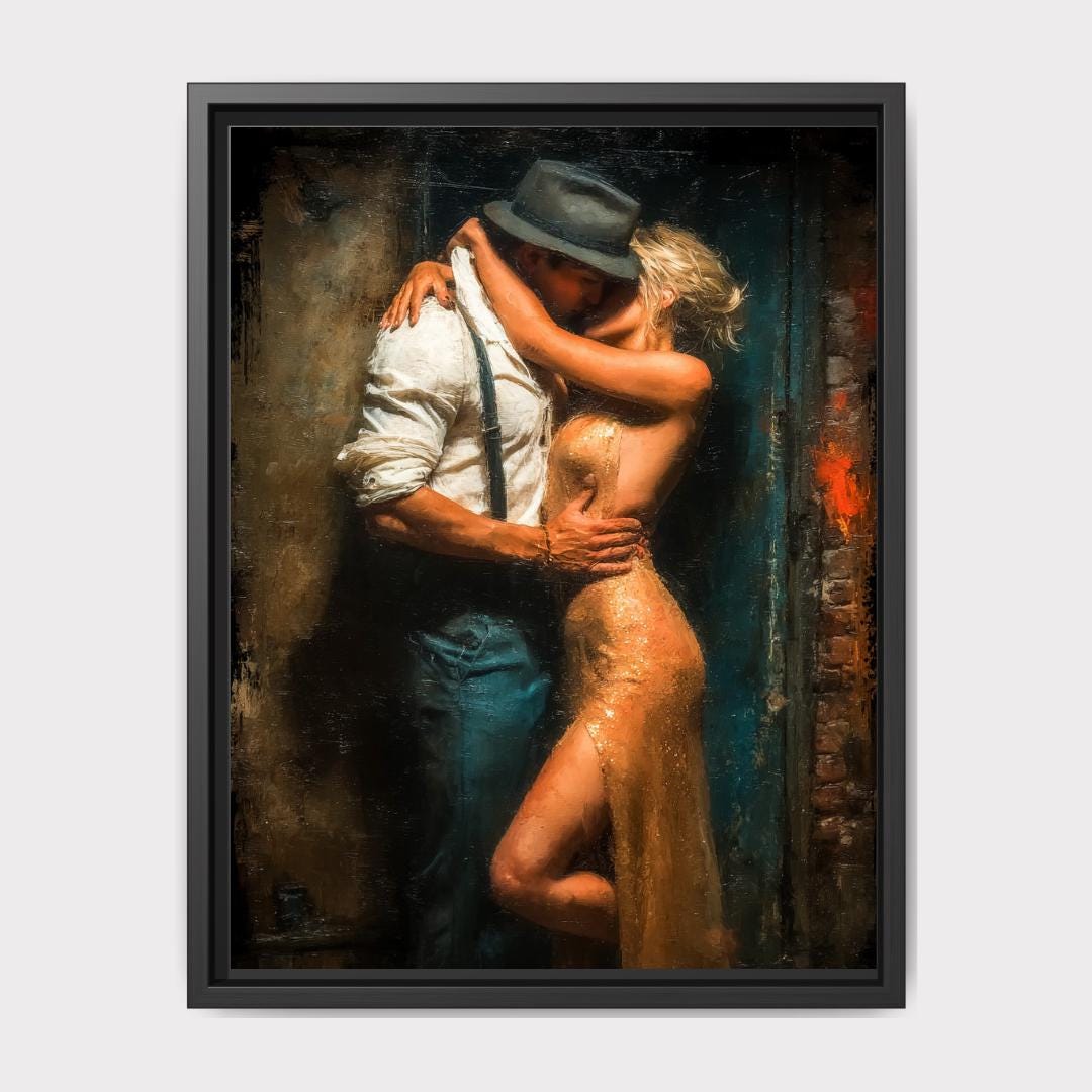 Passionate Lovers Kissing Print, Blonde Woman Gold Dress Vintage Noir Painting, Wall Art Decor Main image