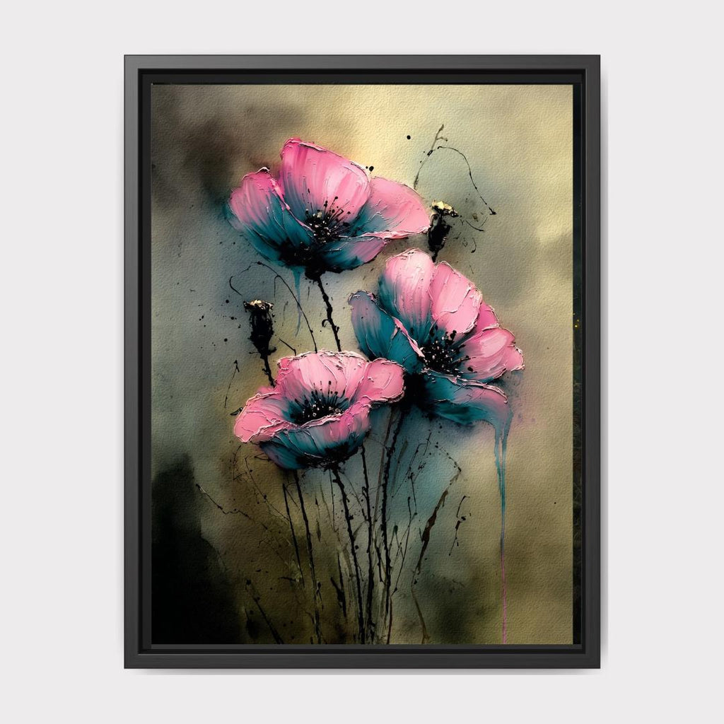 Pink Teal Floral Wall Art Print, Moody Abstract Flower Painting, Dark Romantic Botanical Decor