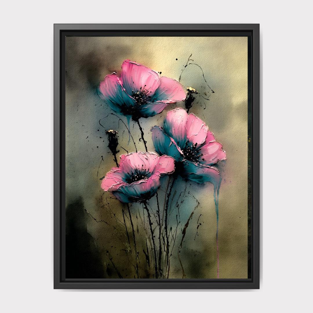 Pink Teal Floral Wall Art Print, Moody Abstract Flower Painting, Dark Romantic Botanical Decor