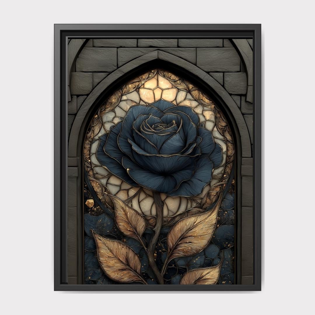 Stained Glass Black Rose Print, Gothic Floral Botanical Art, Dark Moody Wall Decor
