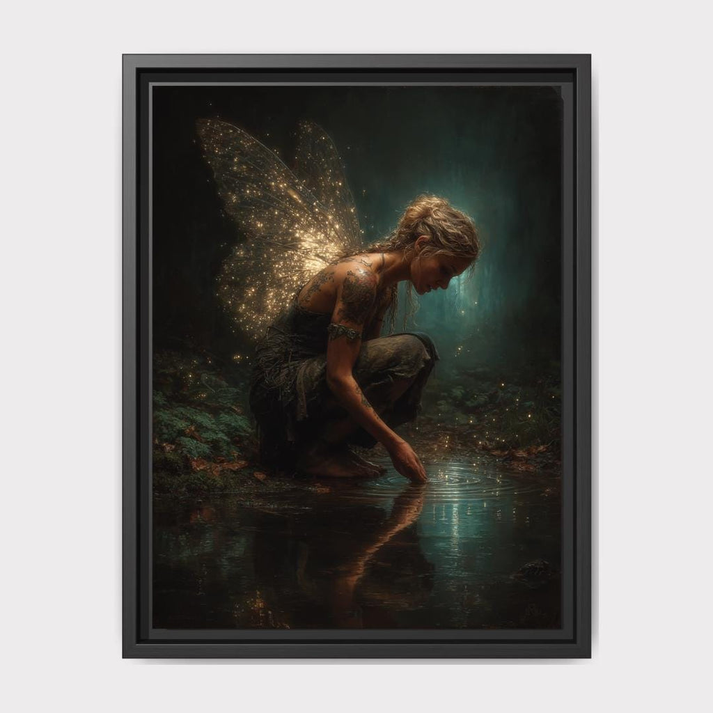 Tattooed Fairy Wall Art Print, Golden Wings Fantasy Painting, Dark Fairycore Enchanted Forest Decor