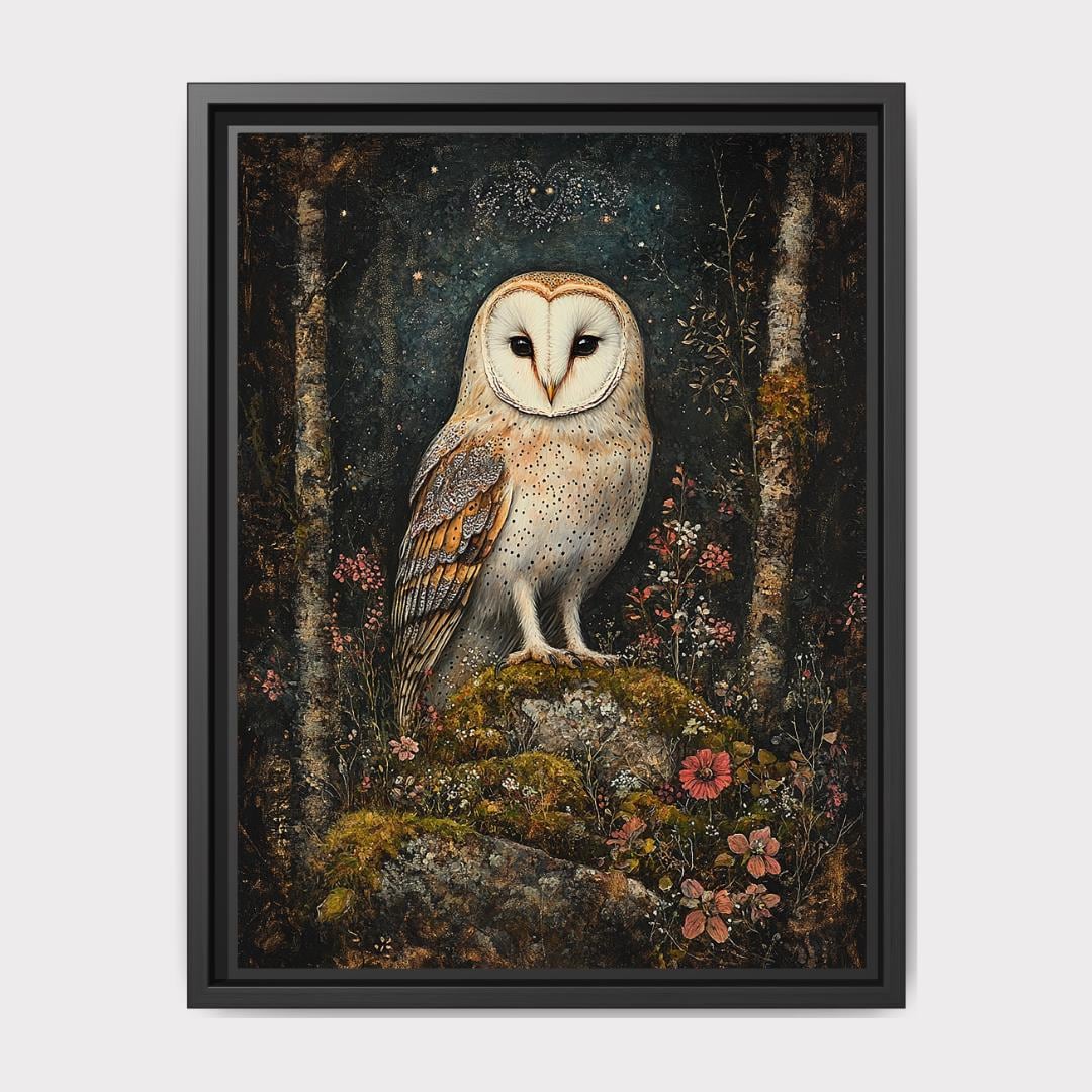 White Barn Owl Dark Cottagecore Print, William Morris Style Wall Art Main image
