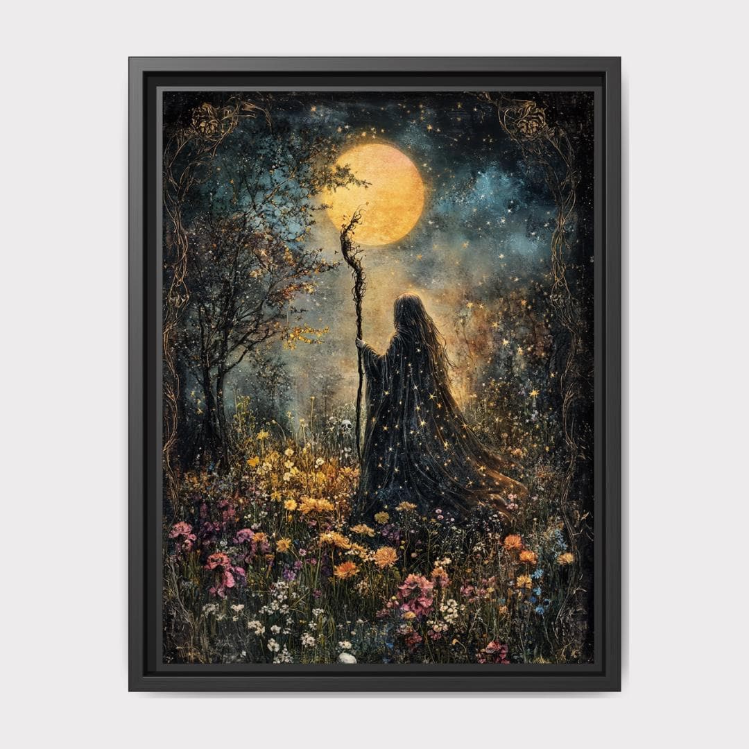 Witches Coven Art Print, Floral Moonlight White Witch Painting, Mystical Cottagecore Decor Main image