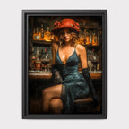 Woman in Bar Print, Black Dress and Red Hat Wall Art, Vintage Glamour Painting