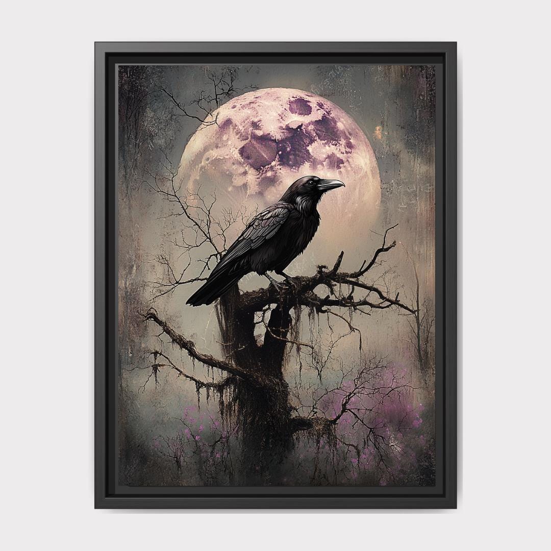 Vintage Black Raven Wall Art Print Pink Full Moon Crow Painting