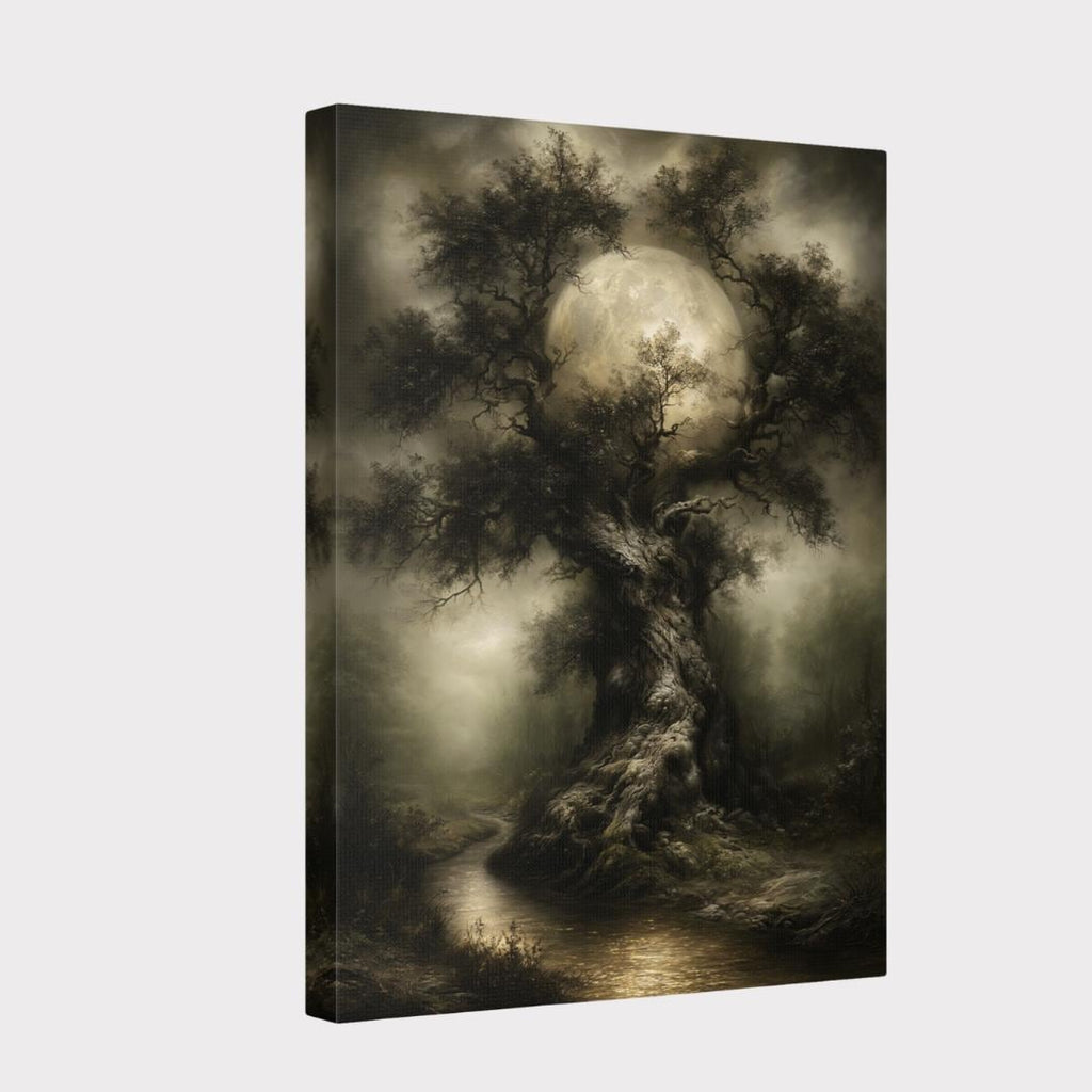 Moonlit Ancient Tree Wall Art Print, Spooky Oak Silhouette Haunted Enchanted Woodland Printed Decor