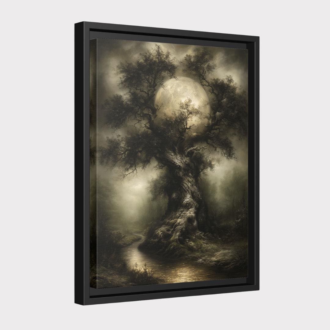 Moonlit Ancient Tree Wall Art Print, Spooky Oak Silhouette Haunted Enchanted Woodland Printed Decor