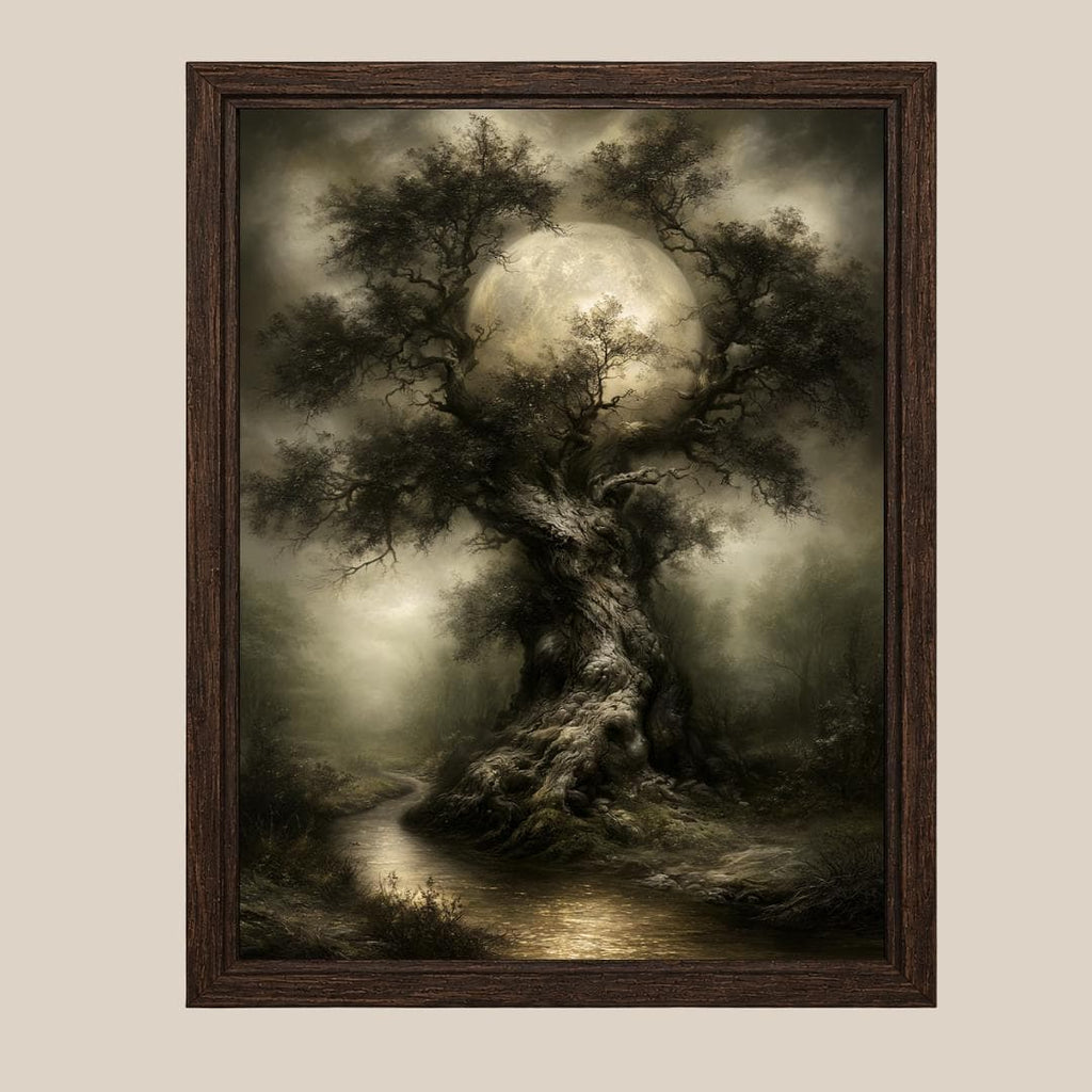 Moonlit Ancient Tree Wall Art Print, Spooky Oak Silhouette Haunted Enchanted Woodland Printed Decor