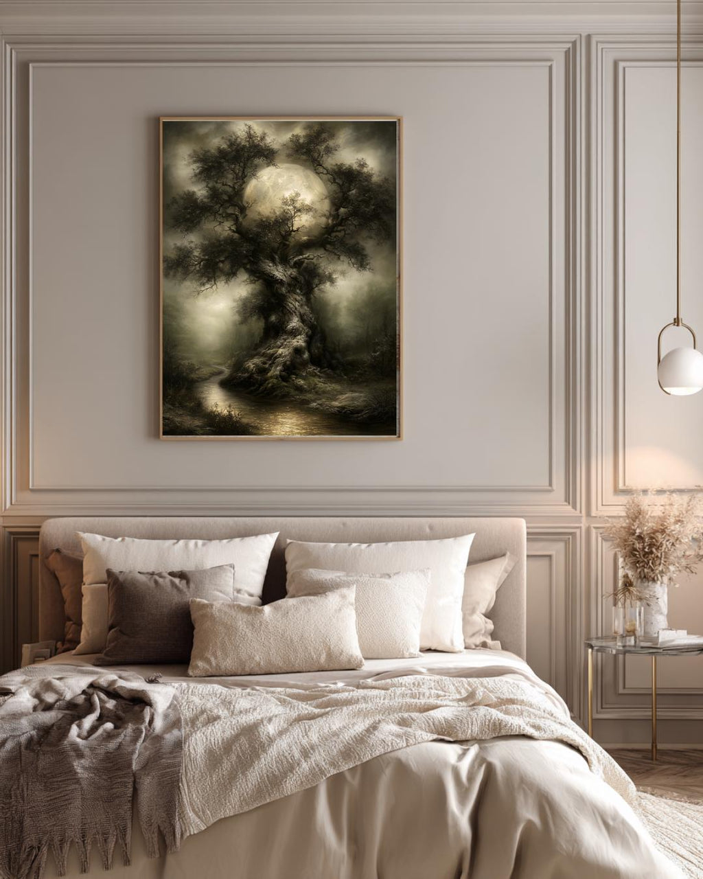 Moonlit Ancient Tree Wall Art Print, Spooky Oak Silhouette Haunted Enchanted Woodland Printed Decor
