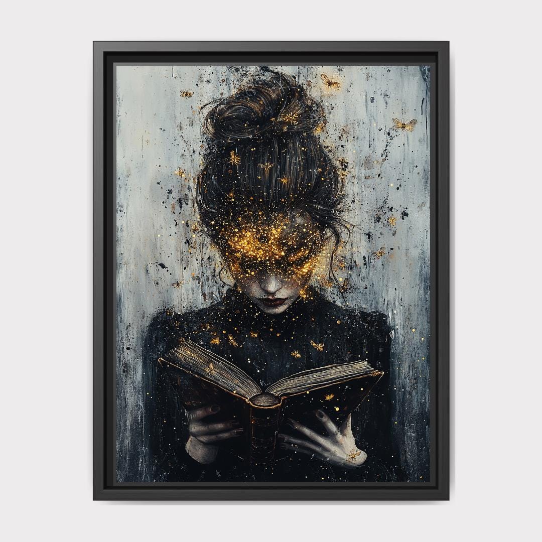 Vintage Lady Reader Wall Art Print Woman Reading Book Gold Moths Moody Literary Decor Main image