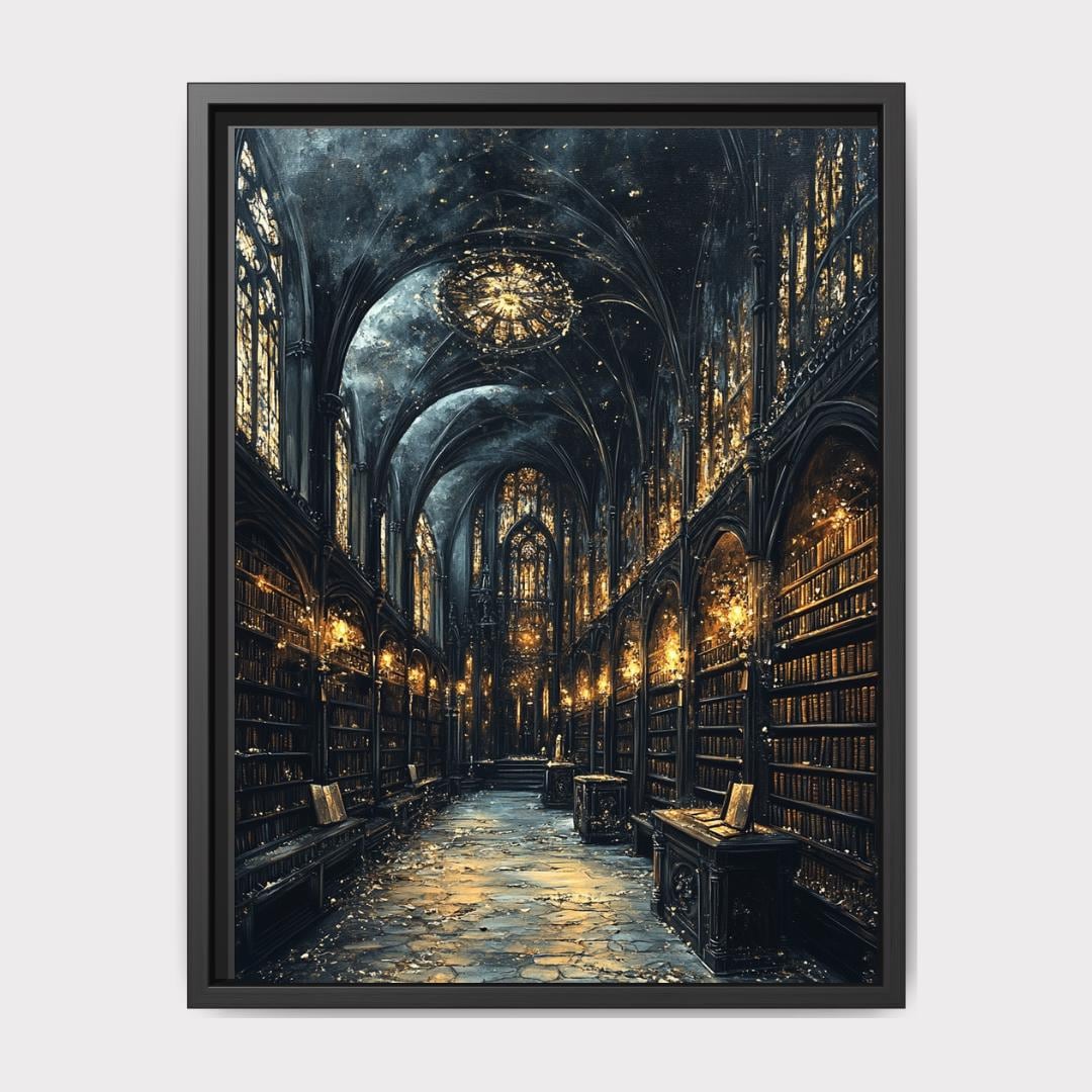 Gothic Cathedral Library Art Print, Christian Church Nave Architecture, Golden Lights