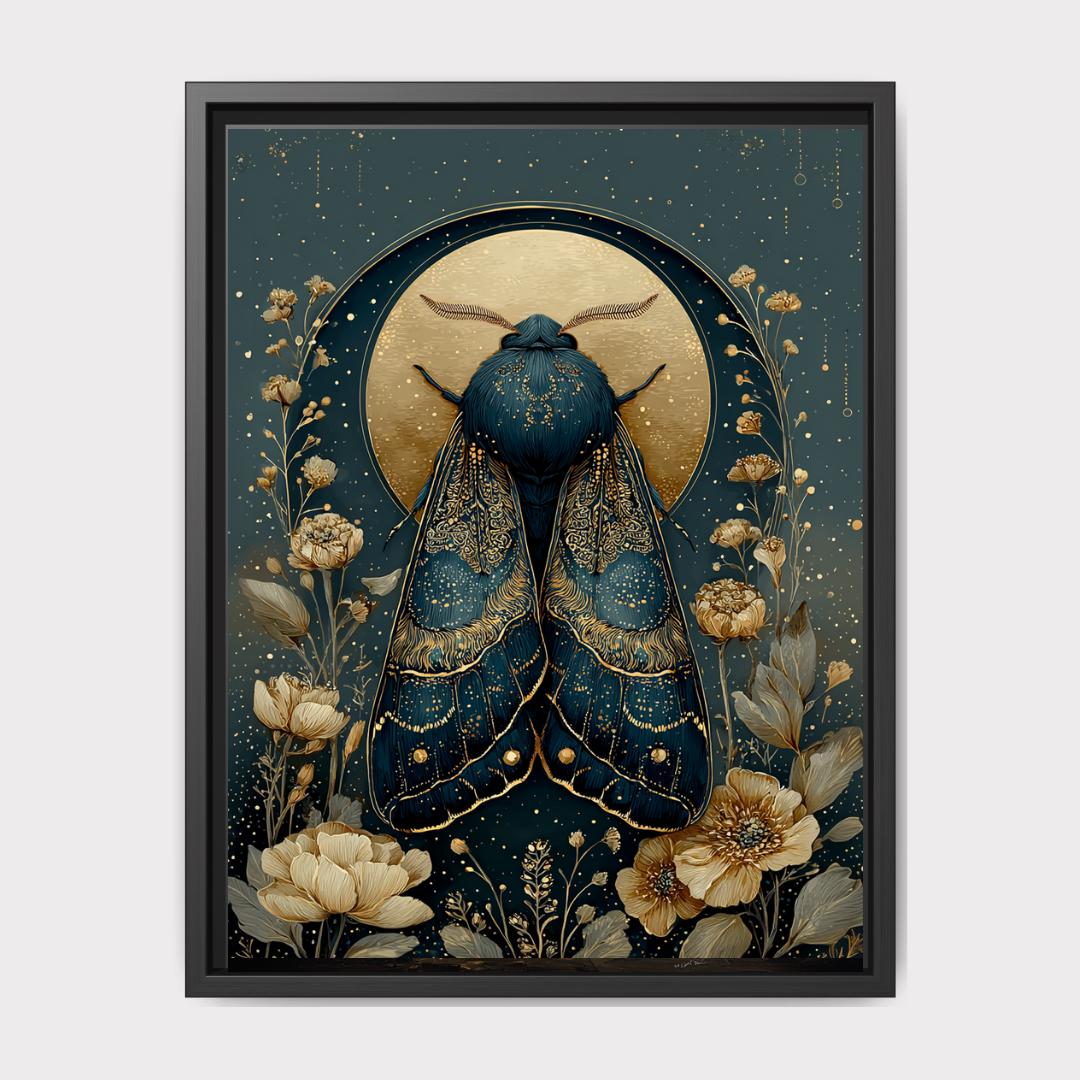 Celestial Moth Wall Art Blue Botanical Insect Print, Enchanted Nature Decor, Mystical Artwork