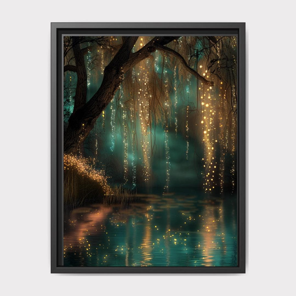 Fairy Lights Enchanted Forest Wall Art Print, Teal River Landscape, Magical Woodland Night Decor