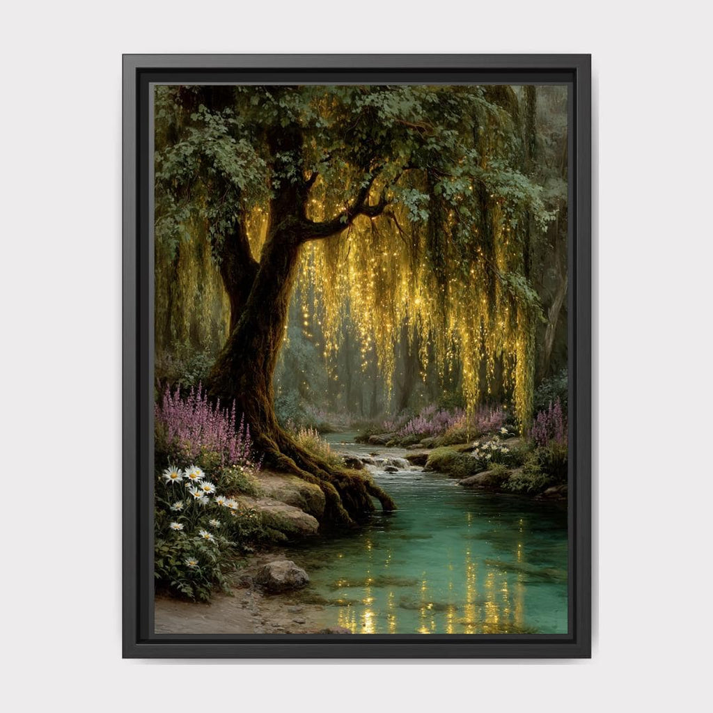 Enchanted Weeping Willow Firefly Print William Morris Inspired Fantasy Golden Tree Reflections on Water