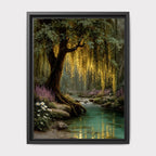 Enchanted Weeping Willow Firefly Print William Morris Inspired Fantasy Golden Tree Reflections on Water