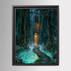 Forest Library Behind Waterfall Hidden Door Wall Art, Magical Woodland Print, Gothic Fairytale Decor