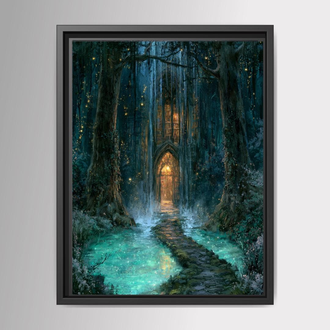 Forest Library Behind Waterfall Hidden Door Wall Art, Magical Woodland Print, Gothic Fairytale Decor