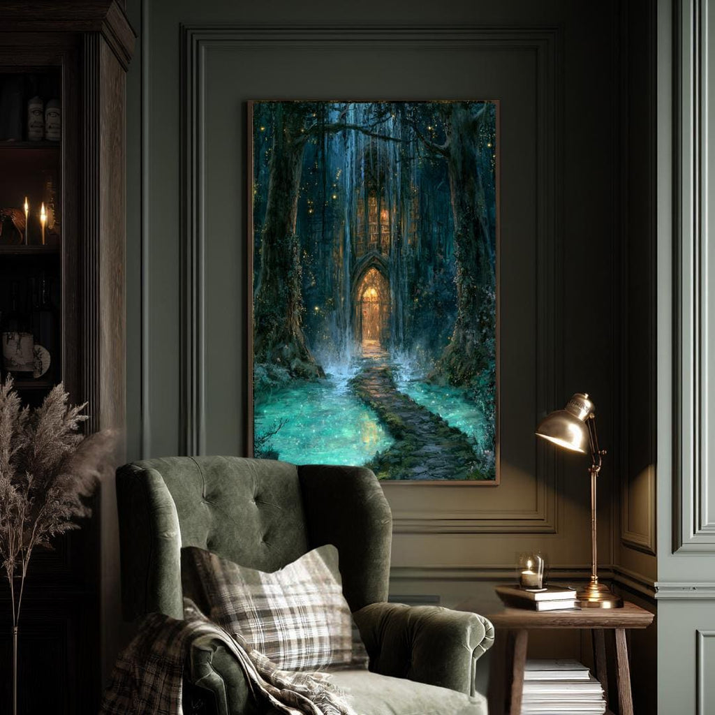 Forest Library Behind Waterfall Hidden Door Wall Art, Magical Woodland Print, Gothic Fairytale Decor