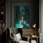 Forest Library Behind Waterfall Hidden Door Wall Art, Magical Woodland Print, Gothic Fairytale Decor