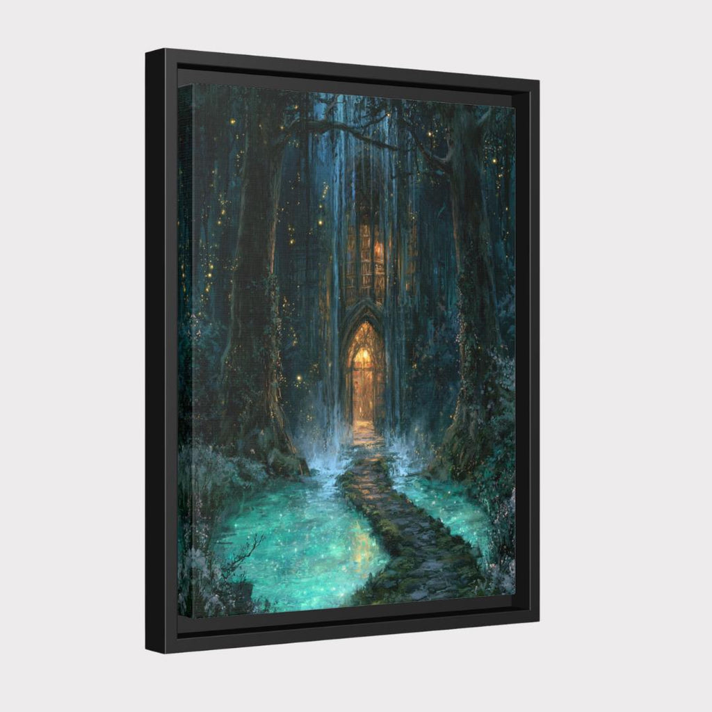 Forest Library Behind Waterfall Hidden Door Wall Art, Magical Woodland Print, Gothic Fairytale Decor