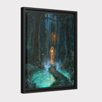 Forest Library Behind Waterfall Hidden Door Wall Art, Magical Woodland Print, Gothic Fairytale Decor