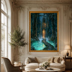 Forest Library Behind Waterfall Hidden Door Wall Art, Magical Woodland Print, Gothic Fairytale Decor