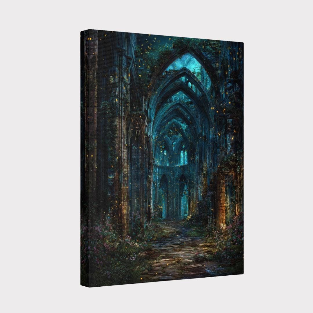 Cathedral Ruins Wall Art, Enchanted Derelict Church Print, Dark Academia Romantic Victorian Artwork