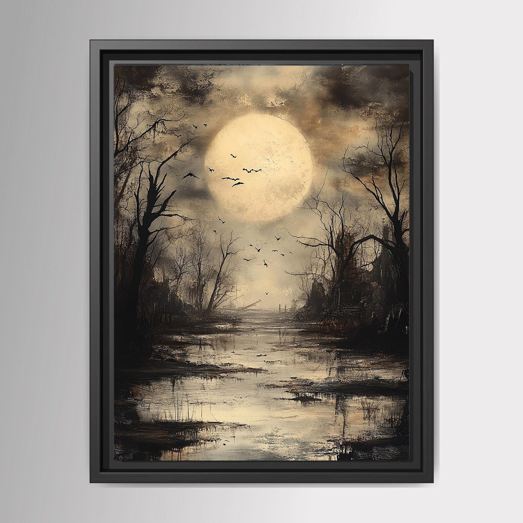 Moonlit Swamp Full Moon Wall Art Print, Gothic Trees Landscape Artwork, Dark Academia Decor