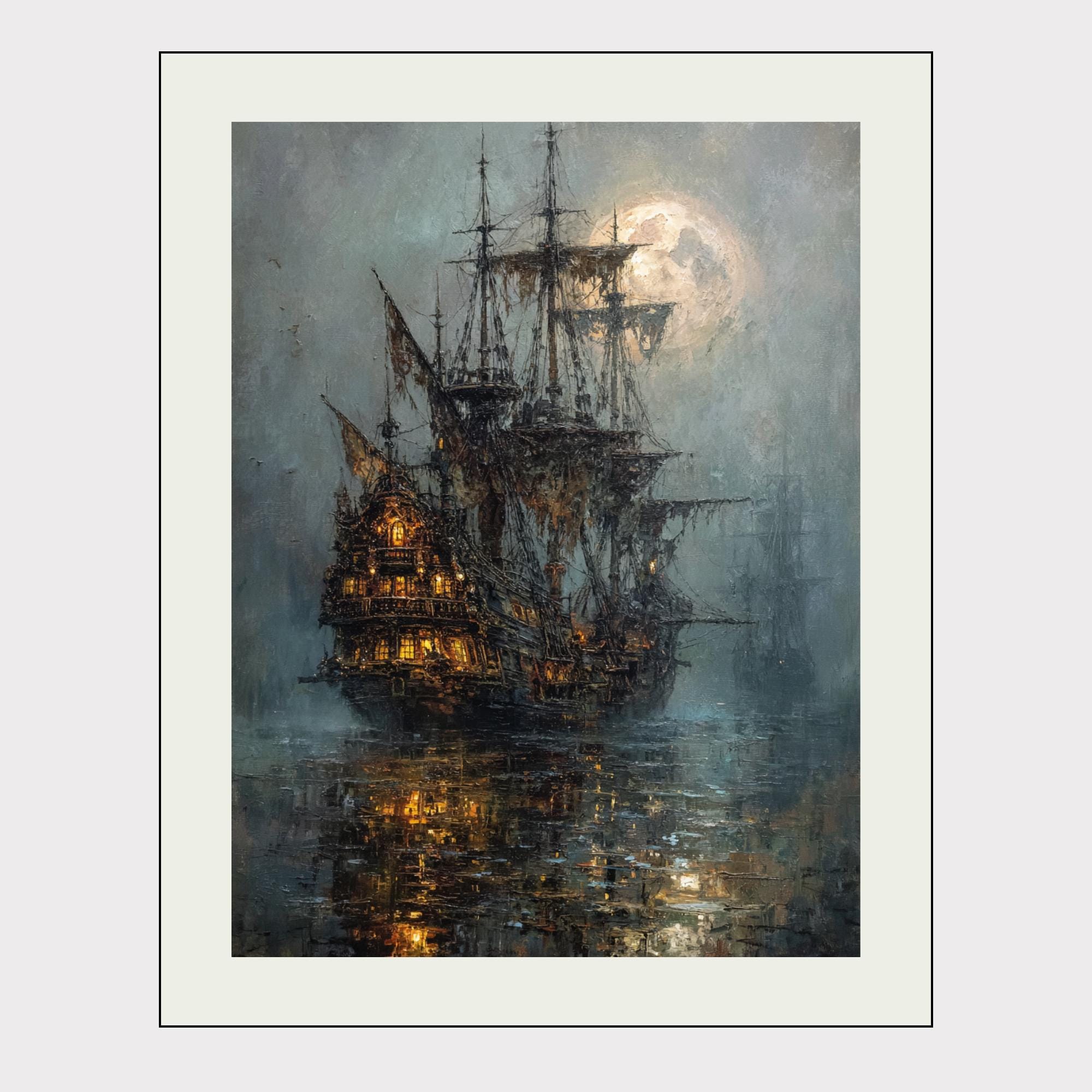 Moonlit Pirate Ghost Ship Wall Art, Gothic Nautical Print, Haunted  Vintage Maritime Canvas Painting