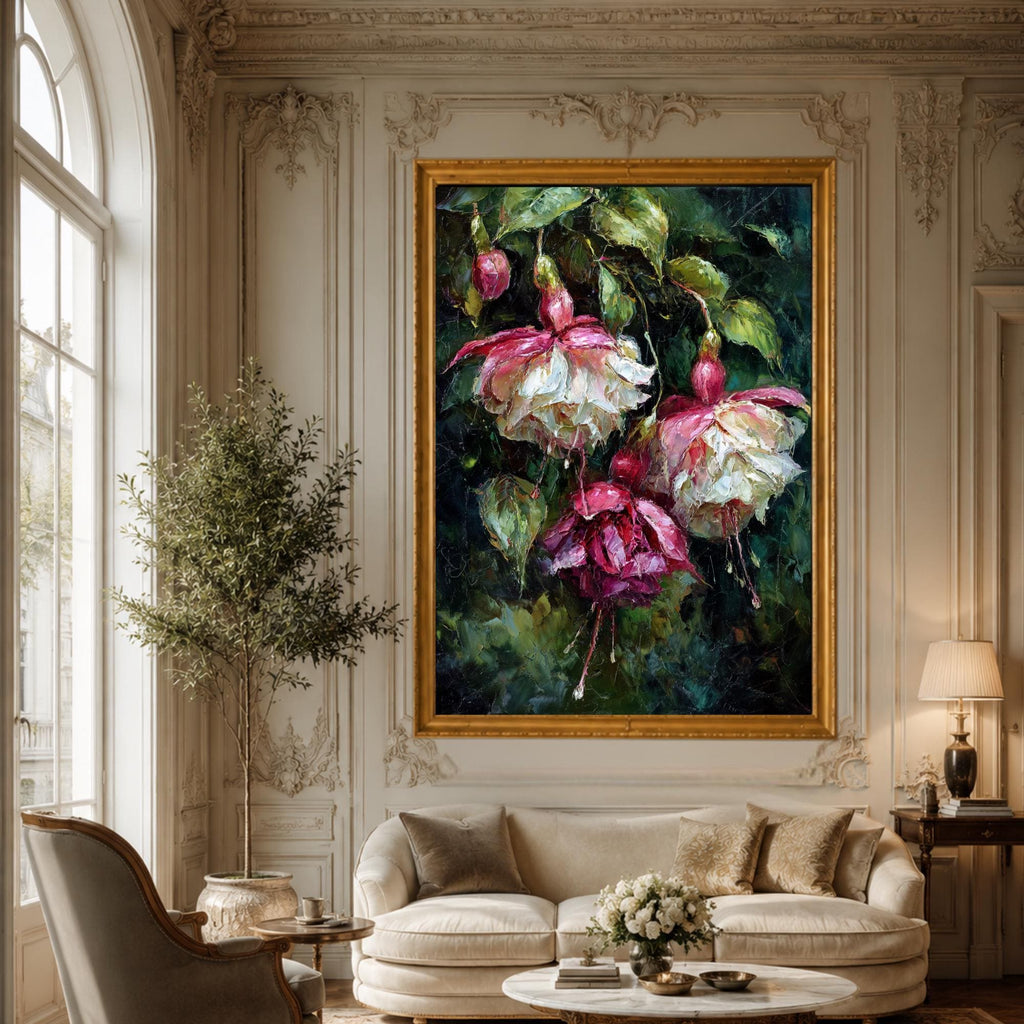 Dark Floral Wall Art, Moody Fuchsia Flower Print, Gothic Botanical Painting, Romantic Bedroom Decor