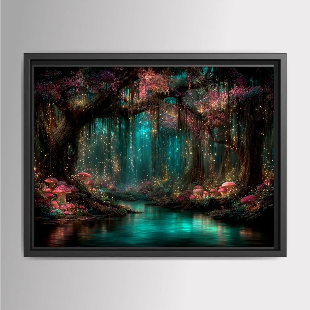 Pink Toadstools Teal River Golden Fireflies Willow Art Print, Glowing Enchanted Forest Magical Painting Main image