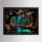 Pink Toadstools Teal River Golden Fireflies Willow Art Print, Glowing Enchanted Forest Magical Painting