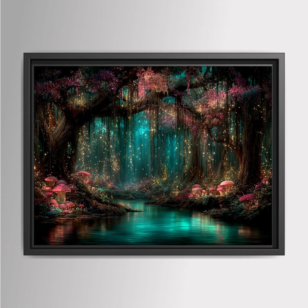 Pink Toadstools Teal River Golden Fireflies Willow Art Print, Glowing Enchanted Forest Magical Painting