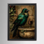 Emerald Raven on Stone Fountain Gothic Wall Art Canvas Print