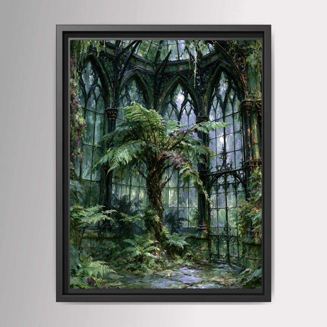 Victorian Conservatory Wall Art, Fernery Print, Enchanted Greenhouse Painting, Dark Botanical Canvas Artwork Main image