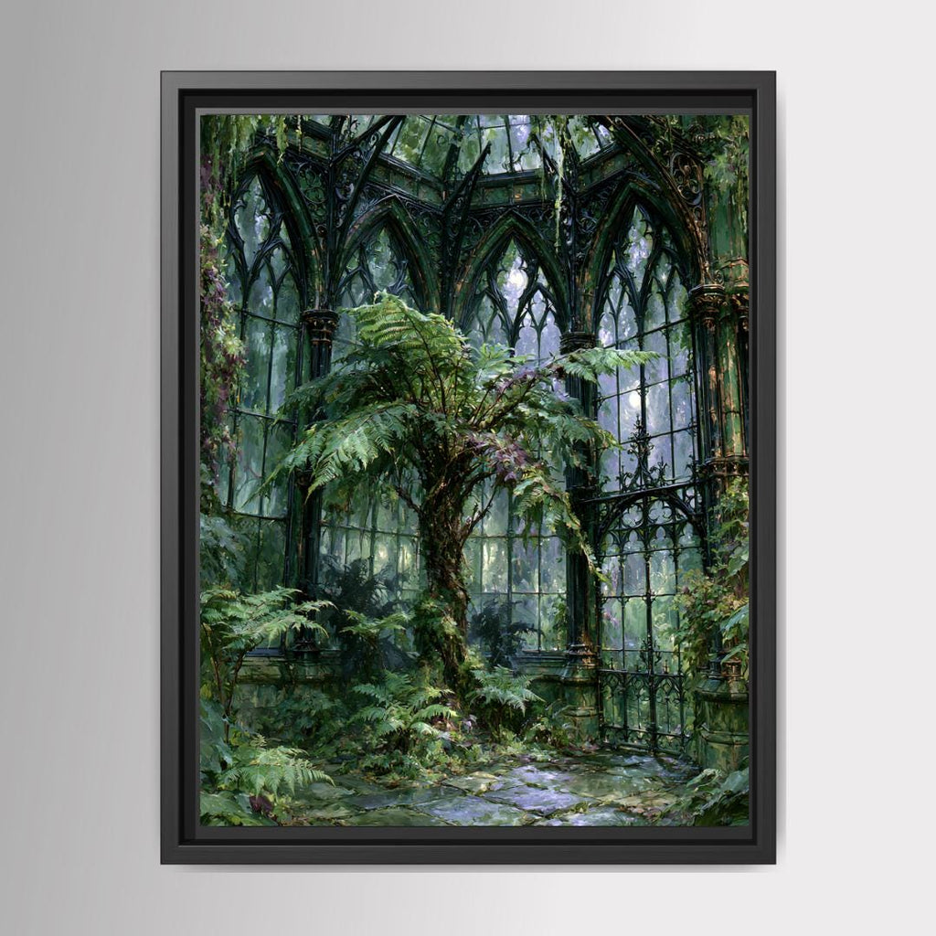Victorian Conservatory Wall Art, Fernery Print, Enchanted Greenhouse Painting, Dark Botanical Canvas Artwork