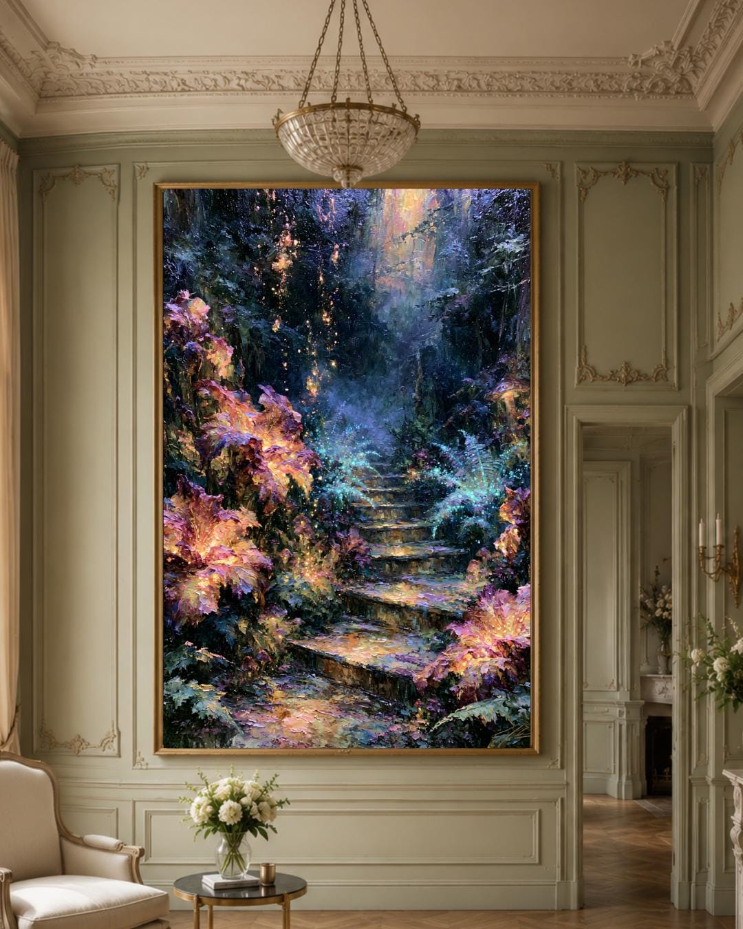 Forest Stairway Wall Art, Magical Woodland Print, Glowing Fern Painting, Fantasy Nature Decor Artwork Secondary image