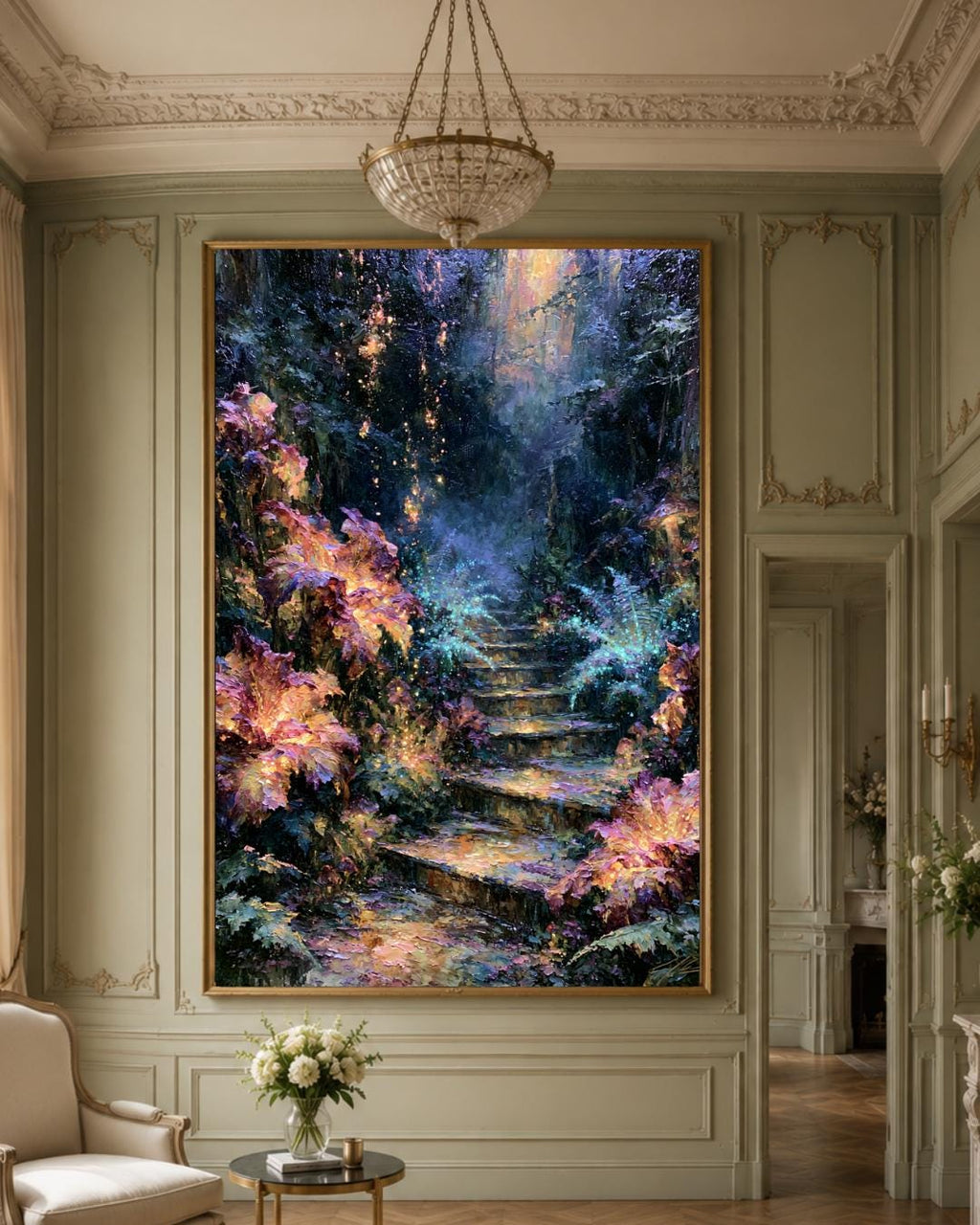 Forest Stairway Wall Art, Magical Woodland Print, Glowing Fern Painting, Fantasy Nature Decor Artwork