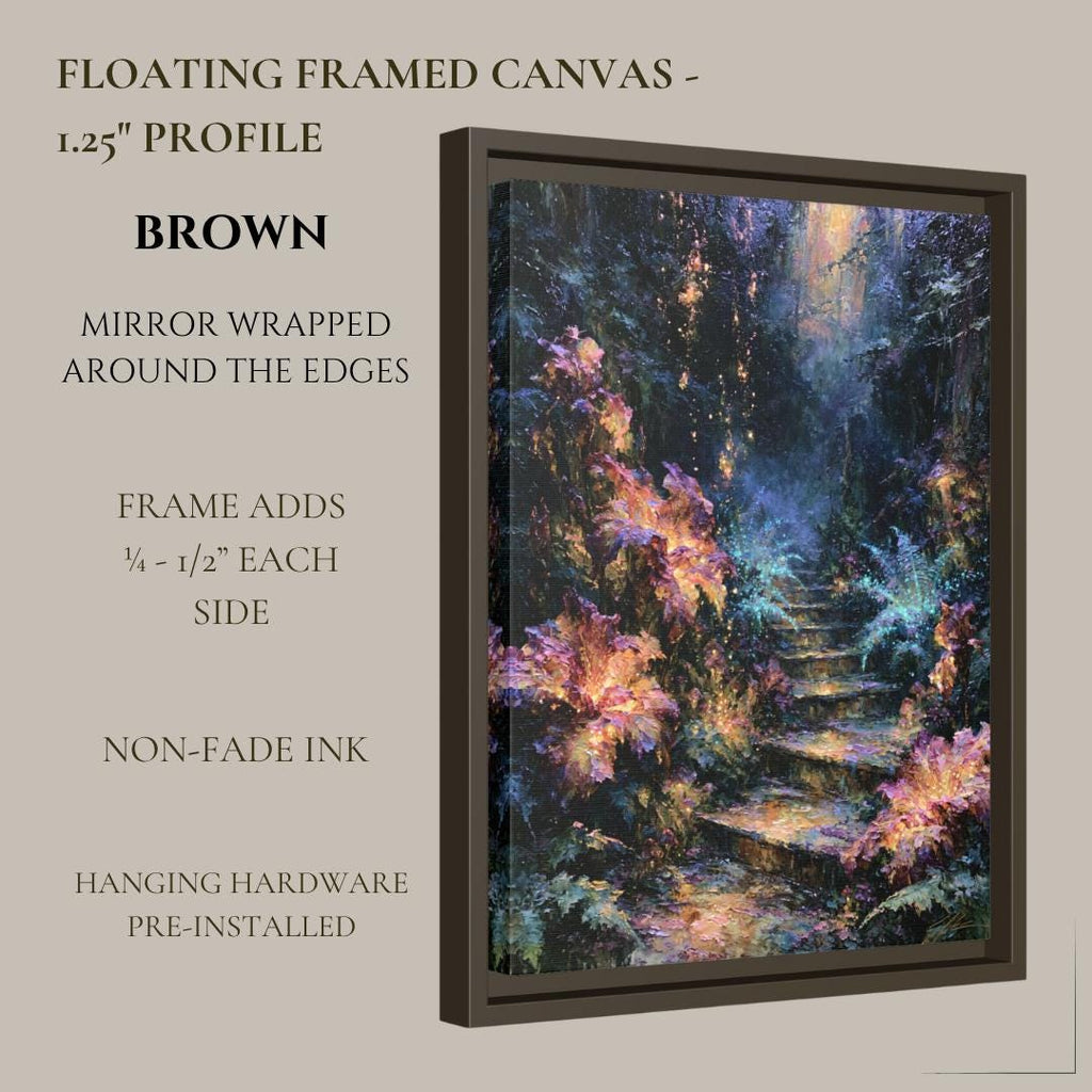 Forest Stairway Wall Art, Magical Woodland Print, Glowing Fern Painting, Fantasy Nature Decor Artwork