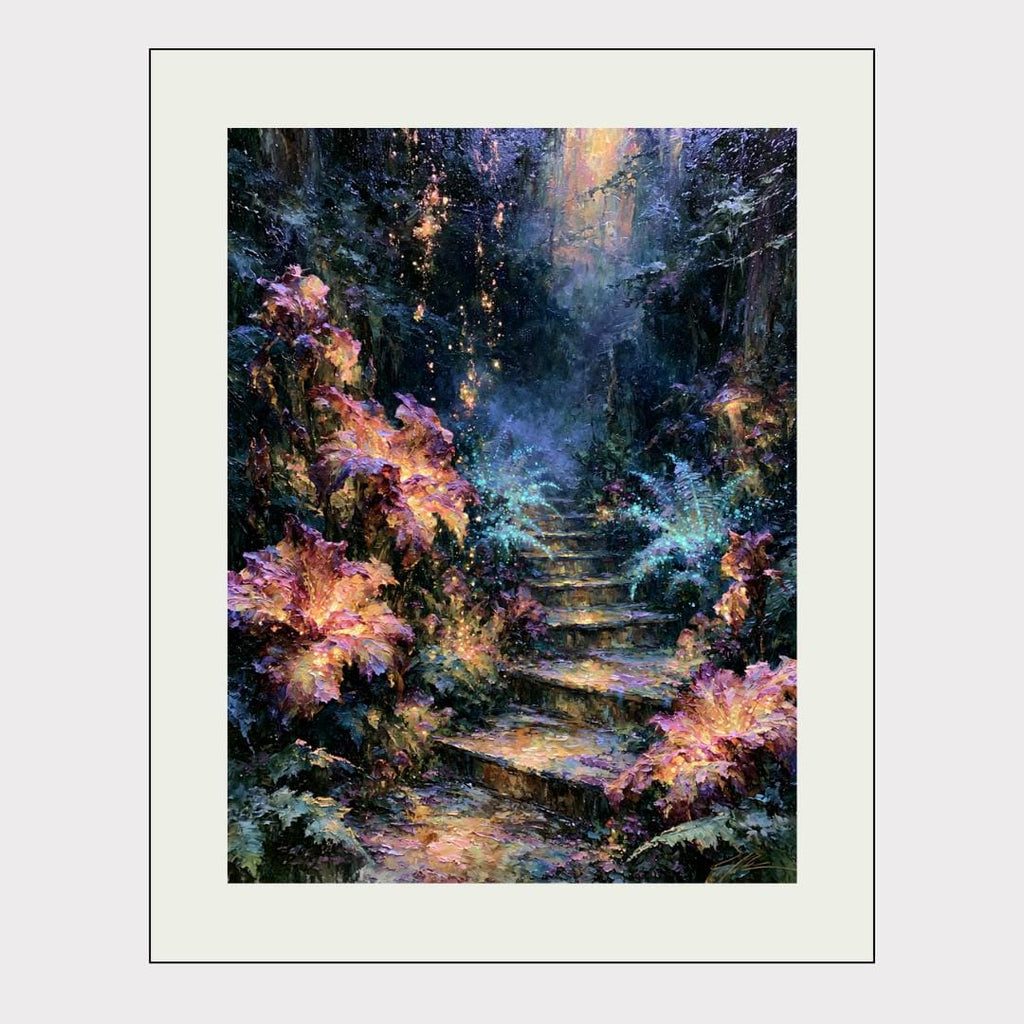 Forest Stairway Wall Art, Magical Woodland Print, Glowing Fern Painting, Fantasy Nature Decor Artwork
