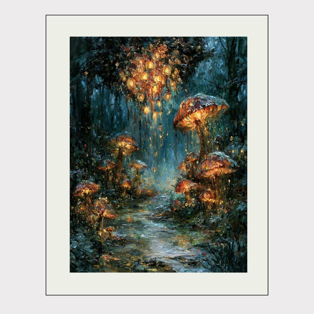 Mushroom Forest Wall Art, Glowing Toadstool Print, Magical Woodland Painting, Dark Fantasy Artwork
