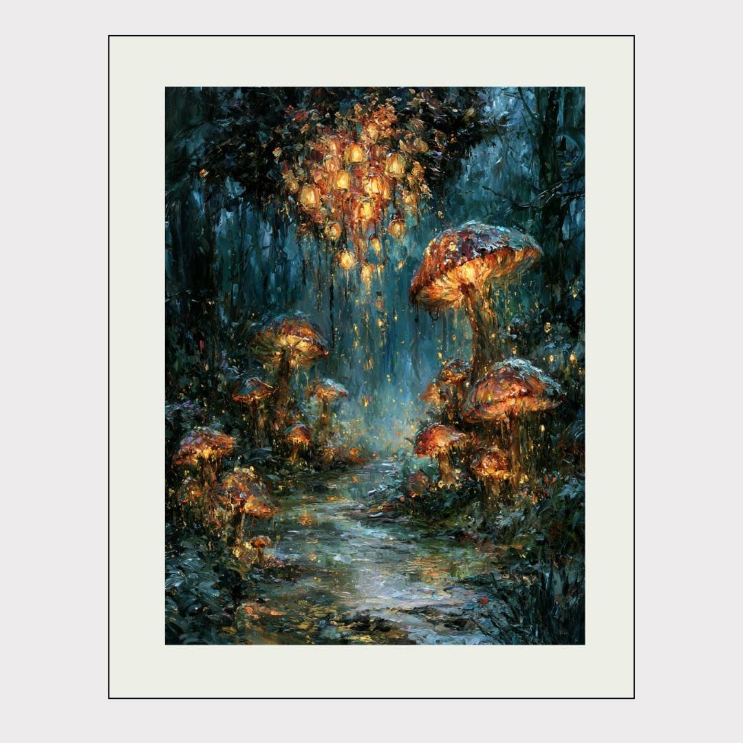 Mushroom Forest Wall Art, Glowing Toadstool Print, Magical Woodland Painting, Dark Fantasy Artwork