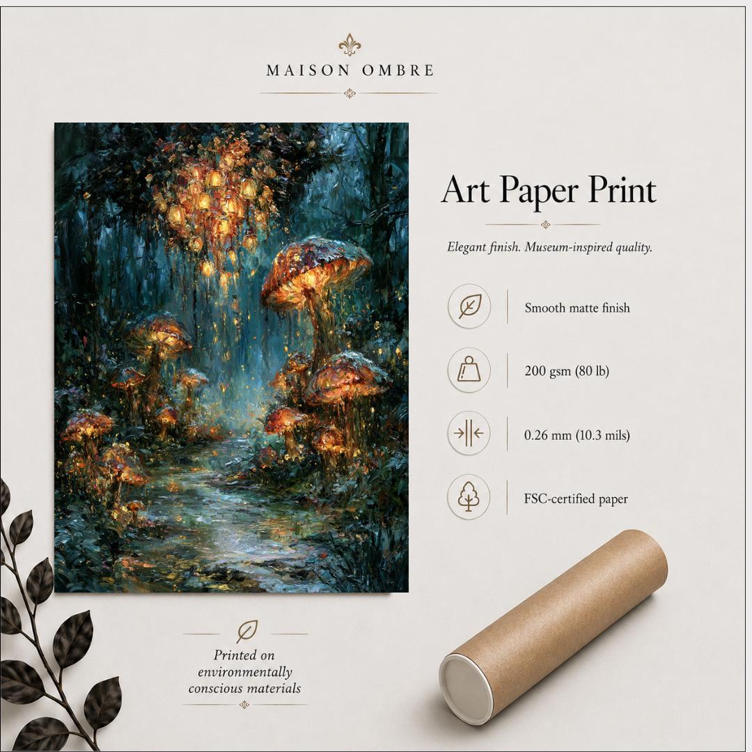 Mushroom Forest Wall Art, Glowing Toadstool Print, Magical Woodland Painting, Dark Fantasy Artwork