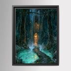 Forest Library Behind Waterfall Hidden Door Wall Art, Magical Woodland Print, Gothic Fairytale Decor