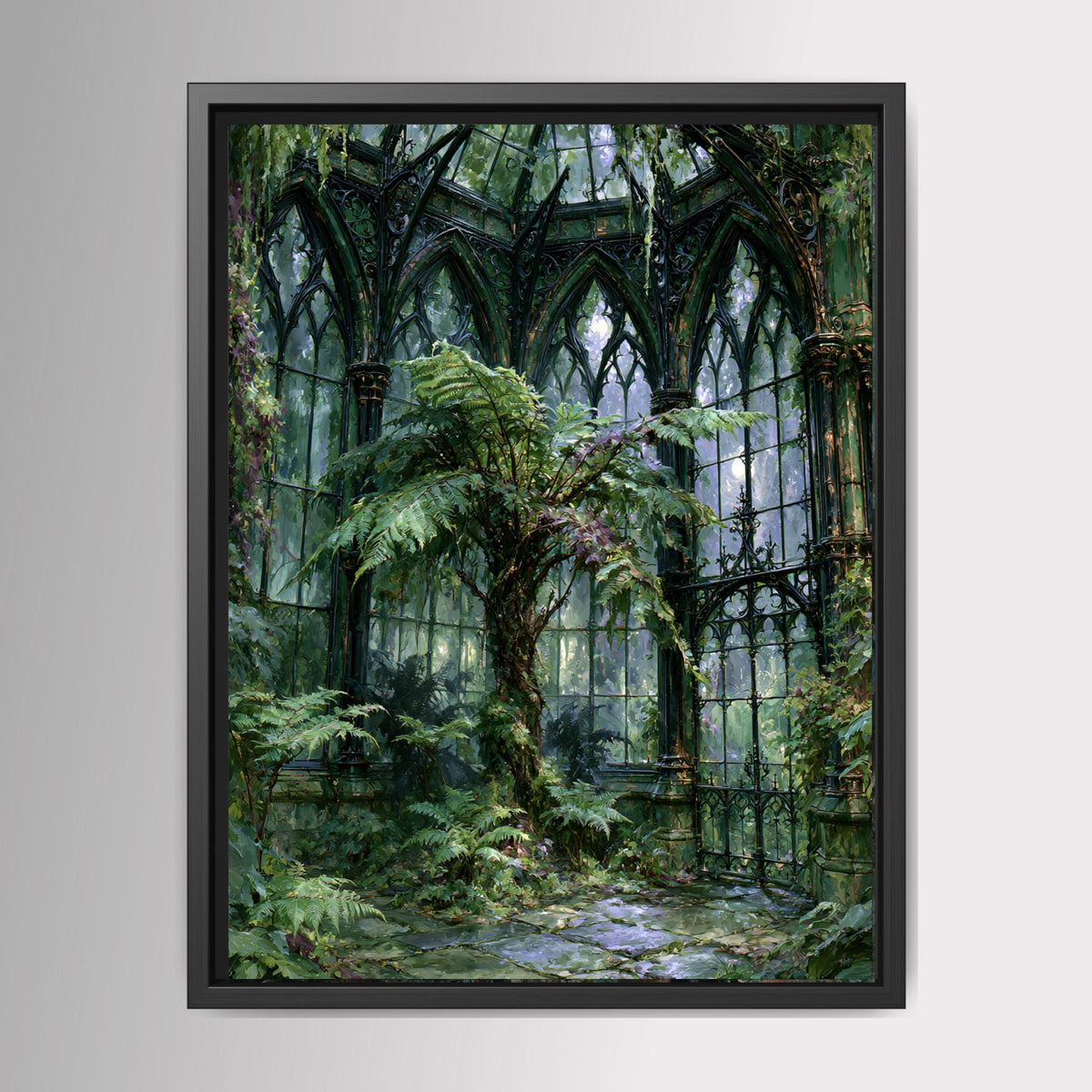 Victorian Conservatory Wall Art, Fernery Print, Enchanted Greenhouse Painting, Dark Botanical Canvas Artwork Main image
