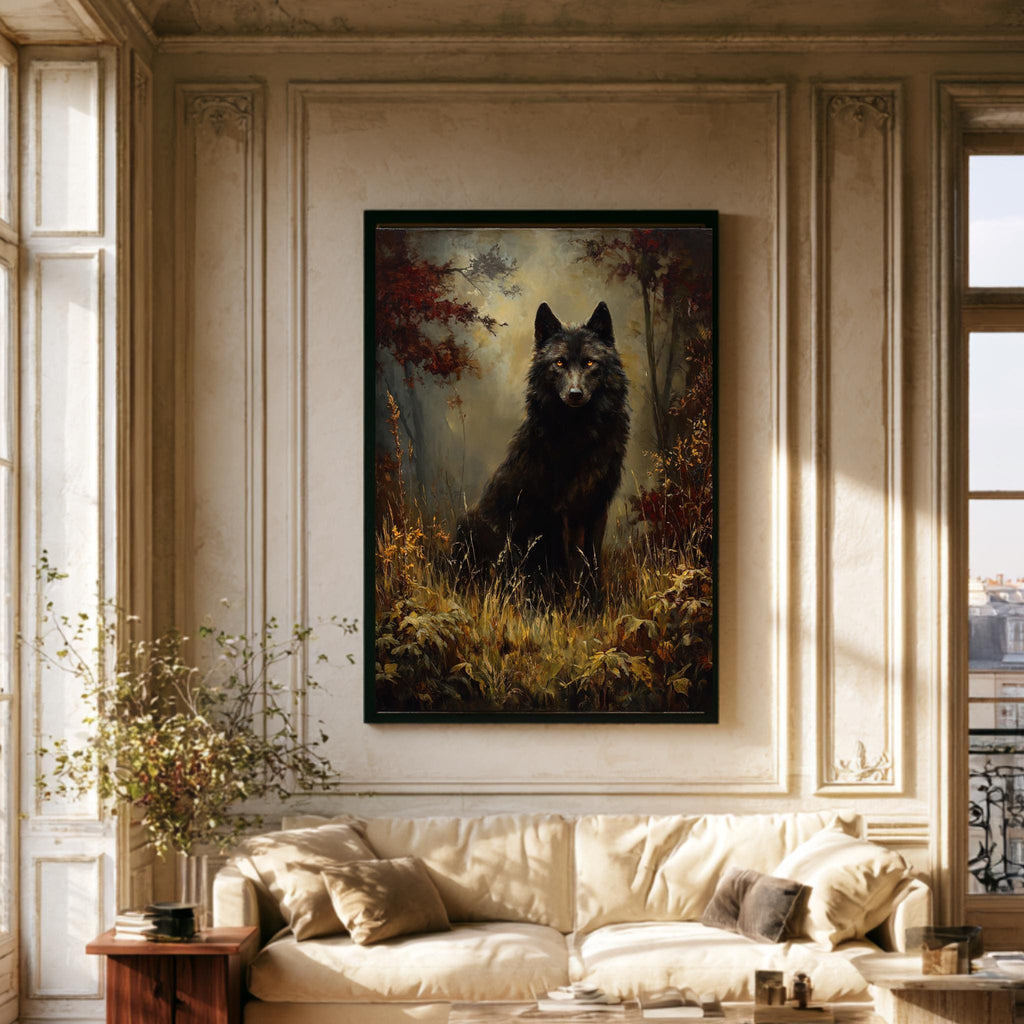 Black Wolf Wall Art, Moody Forest Canvas, Gothic Wildlife Print, Dark Academia Decor Painting