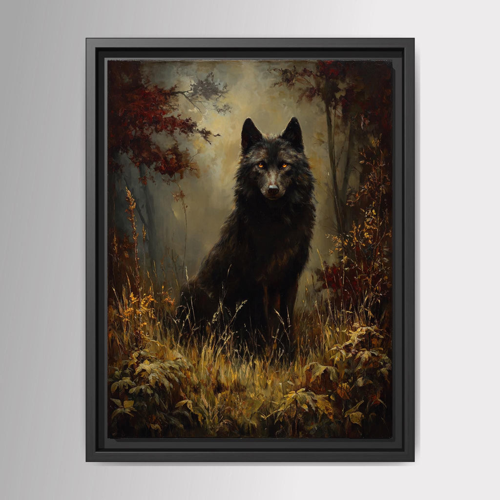 Black Wolf Wall Art, Moody Forest Canvas, Gothic Wildlife Print, Dark Academia Decor Painting