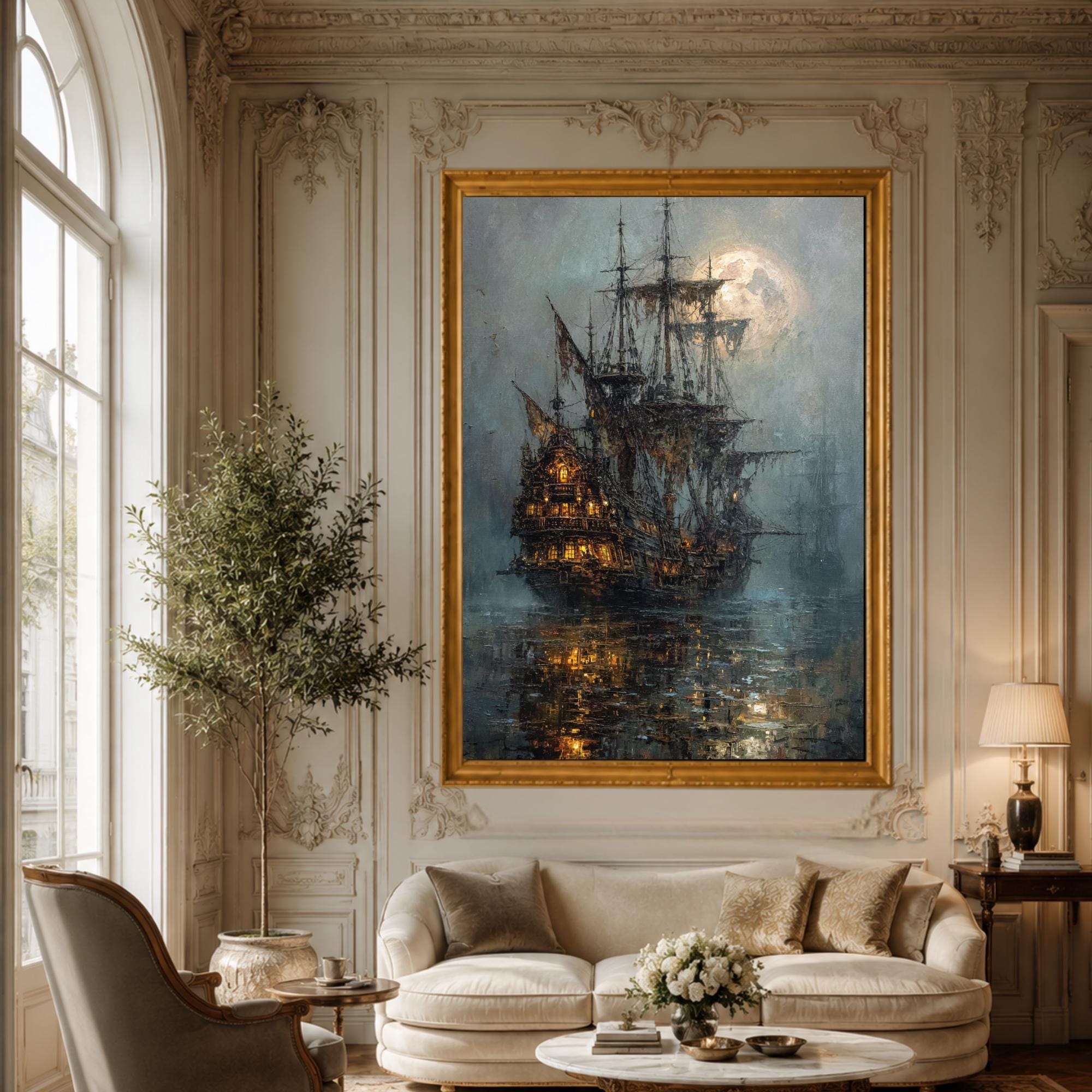Moonlit Pirate Ghost Ship Wall Art, Gothic Nautical Print, Haunted  Vintage Maritime Canvas Painting Secondary image